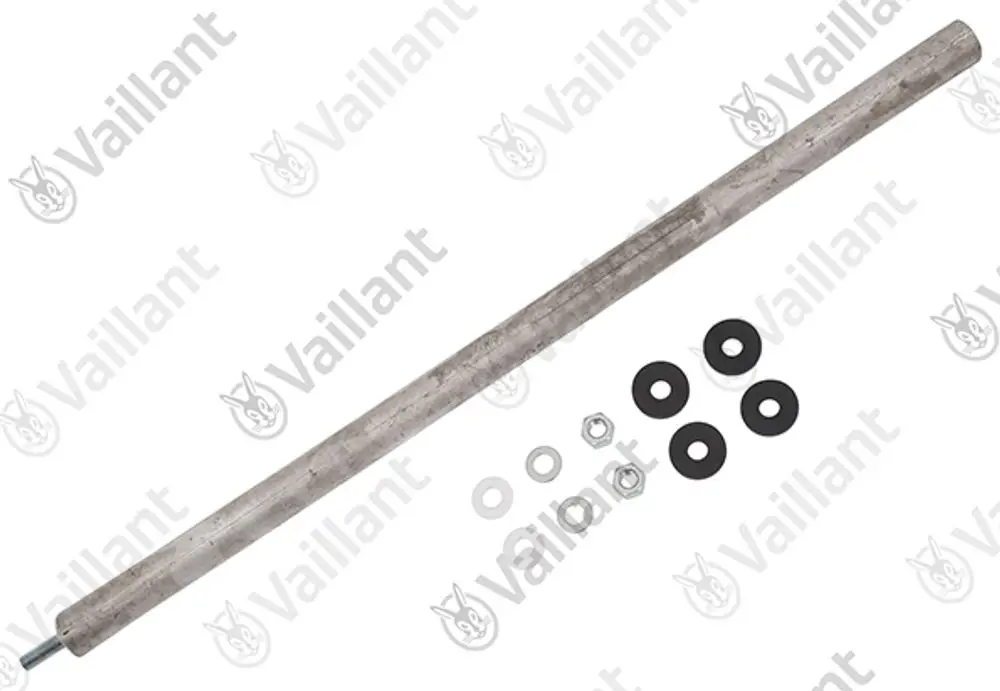 Vaillant-Anode und Montagesatz, bestehend aus einem langen Metallstab und verschiedenen Unterlegscheiben sowie Muttern, auf weißem Hintergrund.